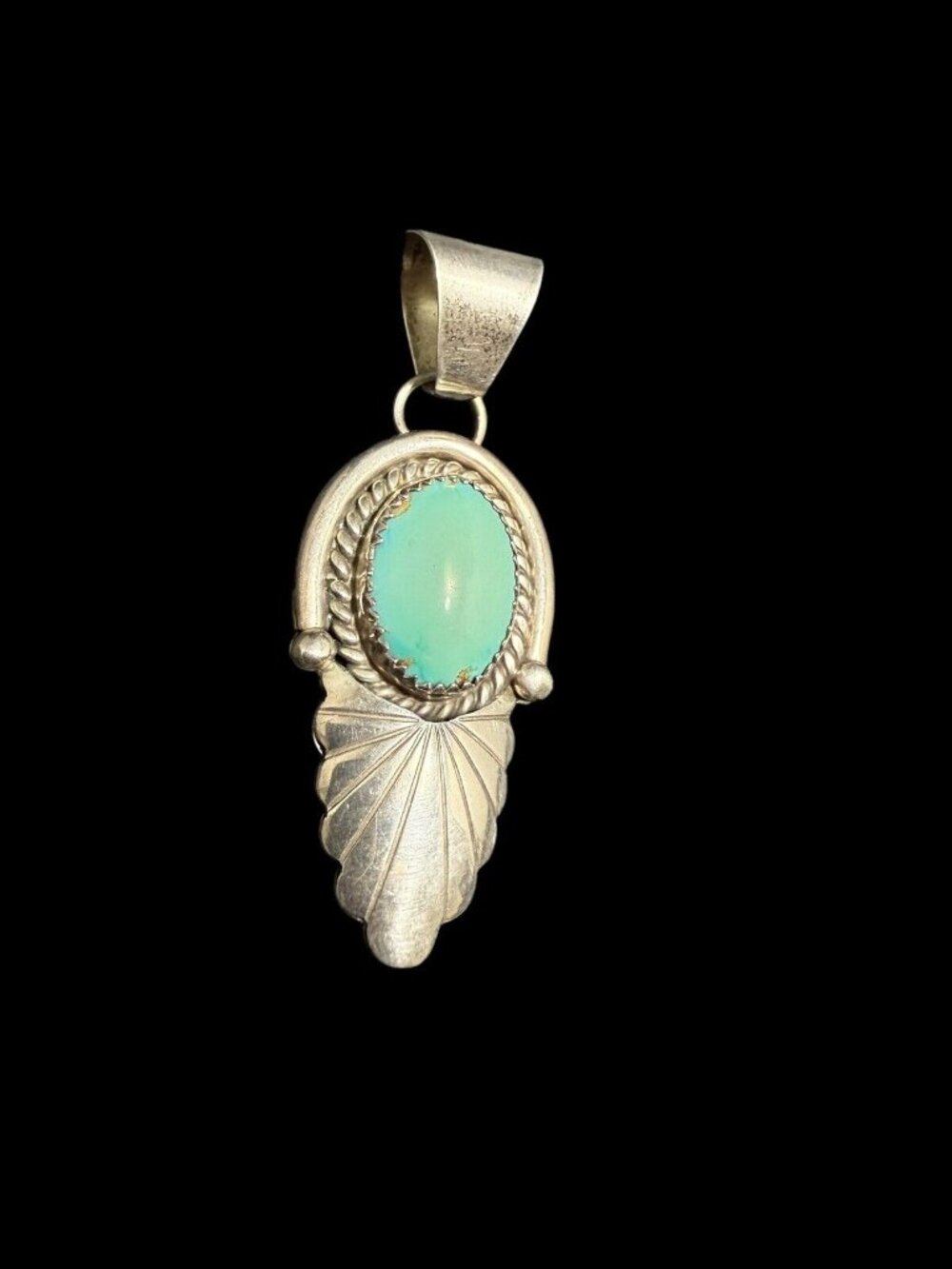 Vintage Navajo Sterling Silver Oval Cut Turquoise Pendant Dangle Ethnic Textured